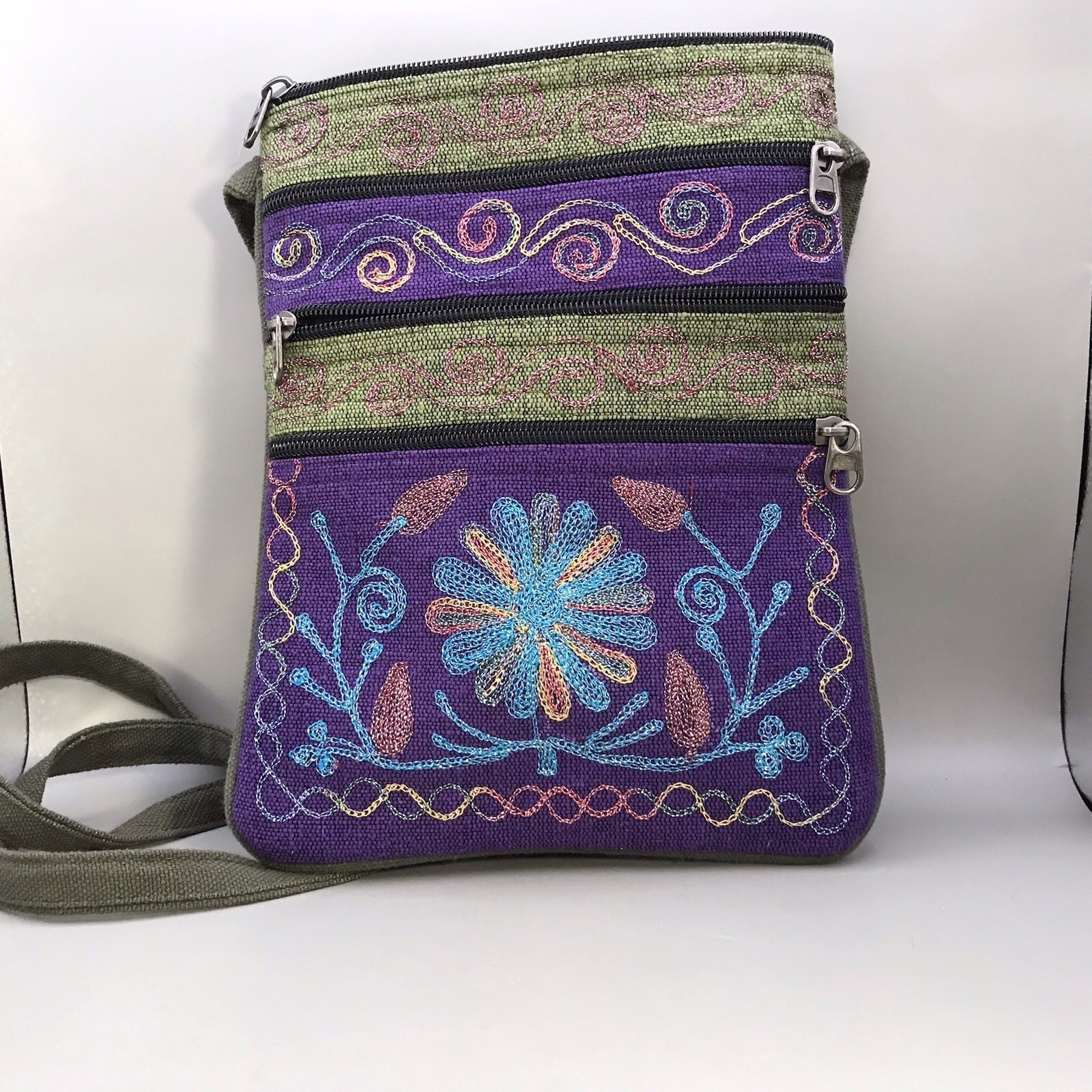 Cute Green And Purple Embroidered With Sparkly Thread Purse Crossbody Bag
